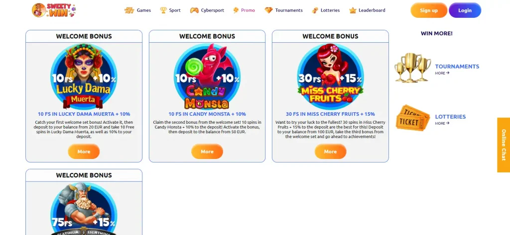 Current Sweety Win promotions screen with the offer terms visible