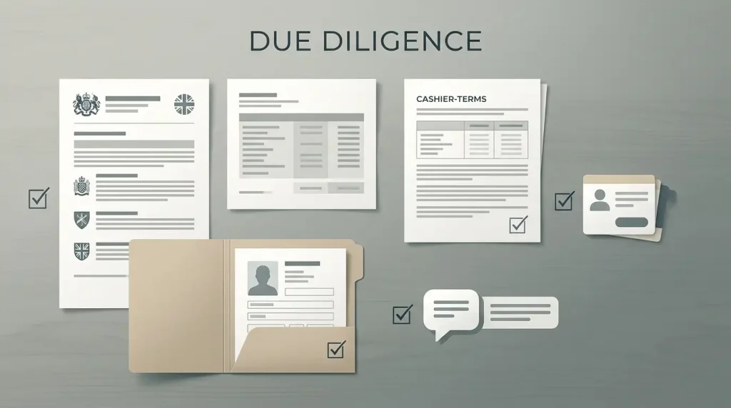 Editorial checklist showing a licence register, payment terms, identity checks and customer support