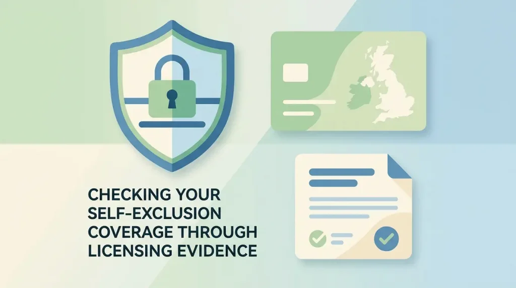 Neutral editorial illustration of online self-exclusion and a licence check for UK readers