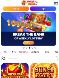 Sweety Win mobile web interface shown on a phone-sized browser viewport
