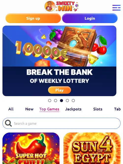 Sweety Win mobile web interface shown on a phone-sized browser viewport
