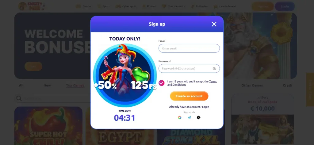 Sweety Win registration screen showing the live account form on the official site